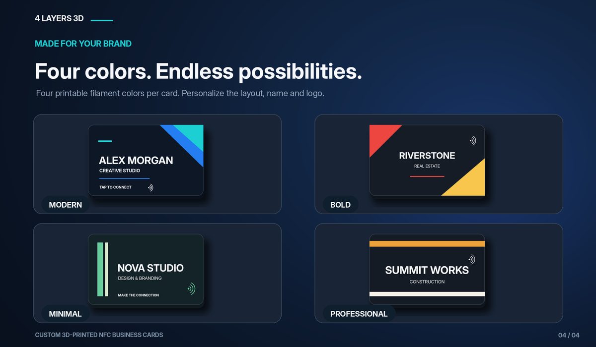 Slide: four card styles, Modern, Bold, Minimal and Professional, each in four colors