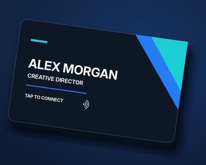 Dark 3D-printed NFC business card with blue and teal corner stripes and a tap-to-connect icon