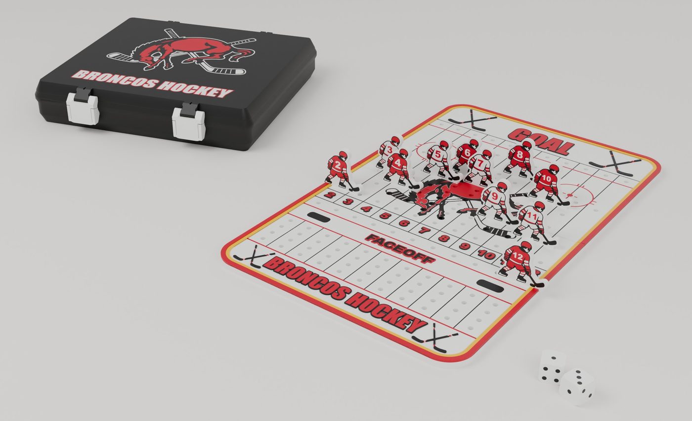 Broncos Hockey dice game: numbered red and white player pieces standing on the rink board, two dice, and the black storage box with the Broncos logo