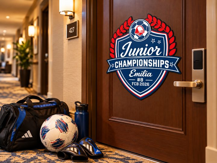 Door sign on a hotel room door with a soccer bag, ball, water bottle and shin guards on the floor