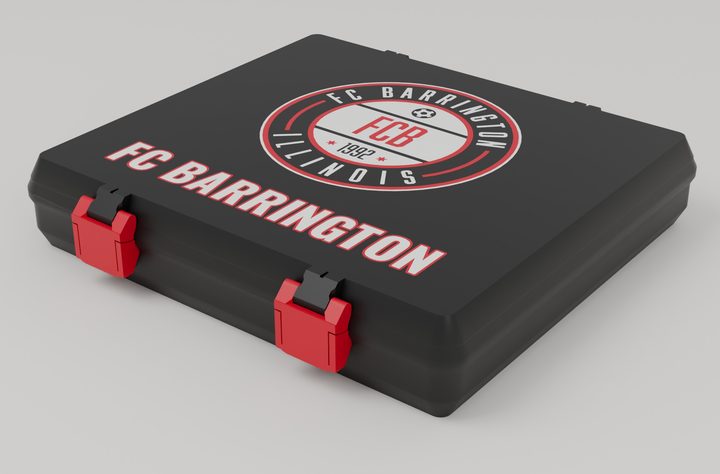 Closed black SnapLock box with the FC Barrington crest and red latches