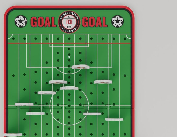 Top view of the soccer field board with GOAL at the top, numbered columns and the kickoff line