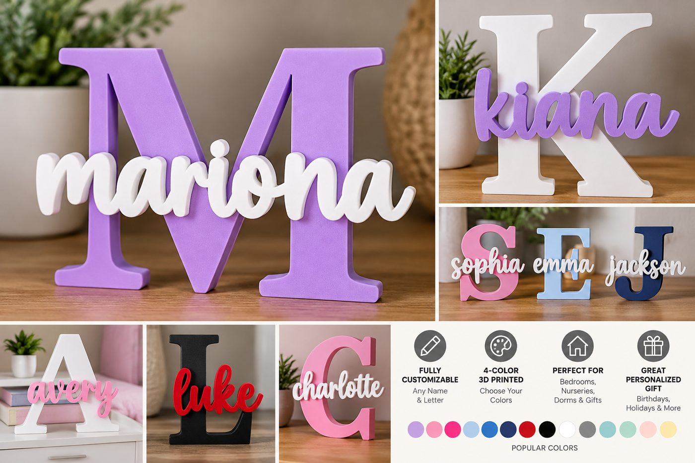 Personalized name letters in purple, white, pink, light blue, navy, black and red, each with a name in script across the initial, and a chart of popular filament colors