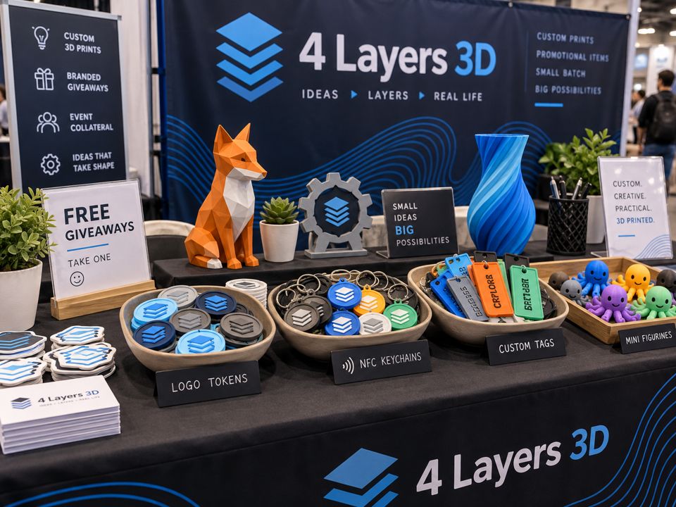 Trade-show table with bowls of logo tokens, NFC keychains, custom tags and mini figurines