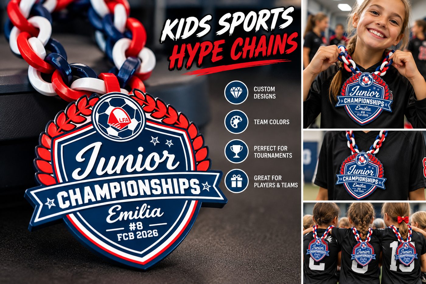Kids sports hype chains: a red, white and navy chain with a Junior Championships medallion, worn by smiling young soccer players